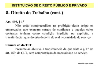 INSTITUIÇÃO DE DIREITO PÚBLICO E PRIVADO

8. Direito do Trabalho (cont.)

Art. 469, § 1°
        Não estão compreendidos na proibição deste artigo os
empregados que exerçam cargos de confiança e aqueles cujos
contratos tenham como condição implícita ou explícita, a
transferência, quando esta decorra de real necessidade de serviço.

Súmula 43 do TST
        Presume-se abusiva a transferência de que trata o § 1° do
art. 469, da CLT, sem comprovação da necessidade do serviço.


                                                      Professor: João Rabelo
 