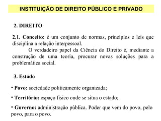 INSTITUIÇÃO DE DIREITO PÚBLICO E PRIVADO


 2. DIREITO

2.1. Conceito: é um conjunto de normas, princípios e leis que
disciplina a relação interpessoal.
        O verdadeiro papel da Ciência do Direito é, mediante a
construção de uma teoria, procurar novas soluções para a
problemática social.

 3. Estado

• Povo: sociedade politicamente organizada;
• Território: espaço físico onde se situa o estado;
• Governo: administração pública. Poder que vem do povo, pelo
povo, para o povo.
 