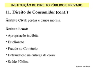 INSTITUIÇÃO DE DIREITO PÚBLICO E PRIVADO

11. Direito do Consumidor (cont.)
Âmbito Civil: perdas e danos morais.

Âmbito Penal:
• Apropriação indébita
• Estelionato
• Fraude no Comércio
• Defraudação na entrega da coisa
• Saúde Pública
                                       Professor: João Rabelo
 