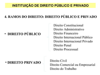 INSTITUIÇÃO DE DIREITO PÚBLICO E PRIVADO


4. RAMOS DO DIREITO: DIREITO PÚBLICO E PRIVADO

                        Direito Constitucional
                        Direito Administrativo
• DIREITO PÚBLICO       Direito Financeiro
                        Direito Internacional Público
                        Direito Internacional Privado
                        Direito Penal
                        Direito Processual


                      Direito Civil
• DIREITO PRIVADO
                      Direito Comercial ou Empresarial
                      Direito do Trabalho
 