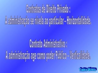 Contratos de Direito Privado : A administração se nivela ao particular – Horizontalidade. Contrato Administrativo : A administração age como poder Público – Verticalidade. Talita Viana 