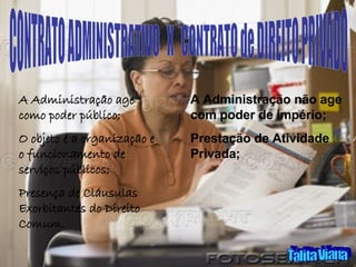 CONTRATO ADMINISTRATIVO  X  CONTRATO de DIREITO PRIVADO A Administração age como poder público; O objeto é a organização e o funcionamento de serviços públicos; Presença de Cláusulas Exorbitantes do Direito Comum. Talita Viana A Administração não age com poder de império; Prestação de Atividade Privada; 