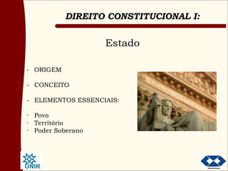 Estado - ORIGEM - CONCEITO - ELEMENTOS ESSENCIAIS: · Povo · Território · Poder Soberano 
