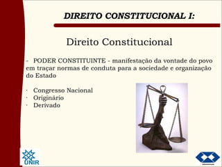 Direito Constitucional - PODER CONSTITUINTE - manifestação da vontade do povo em traçar normas de conduta para a sociedade e organização do Estado · Congresso Nacional · Originário · Derivado 