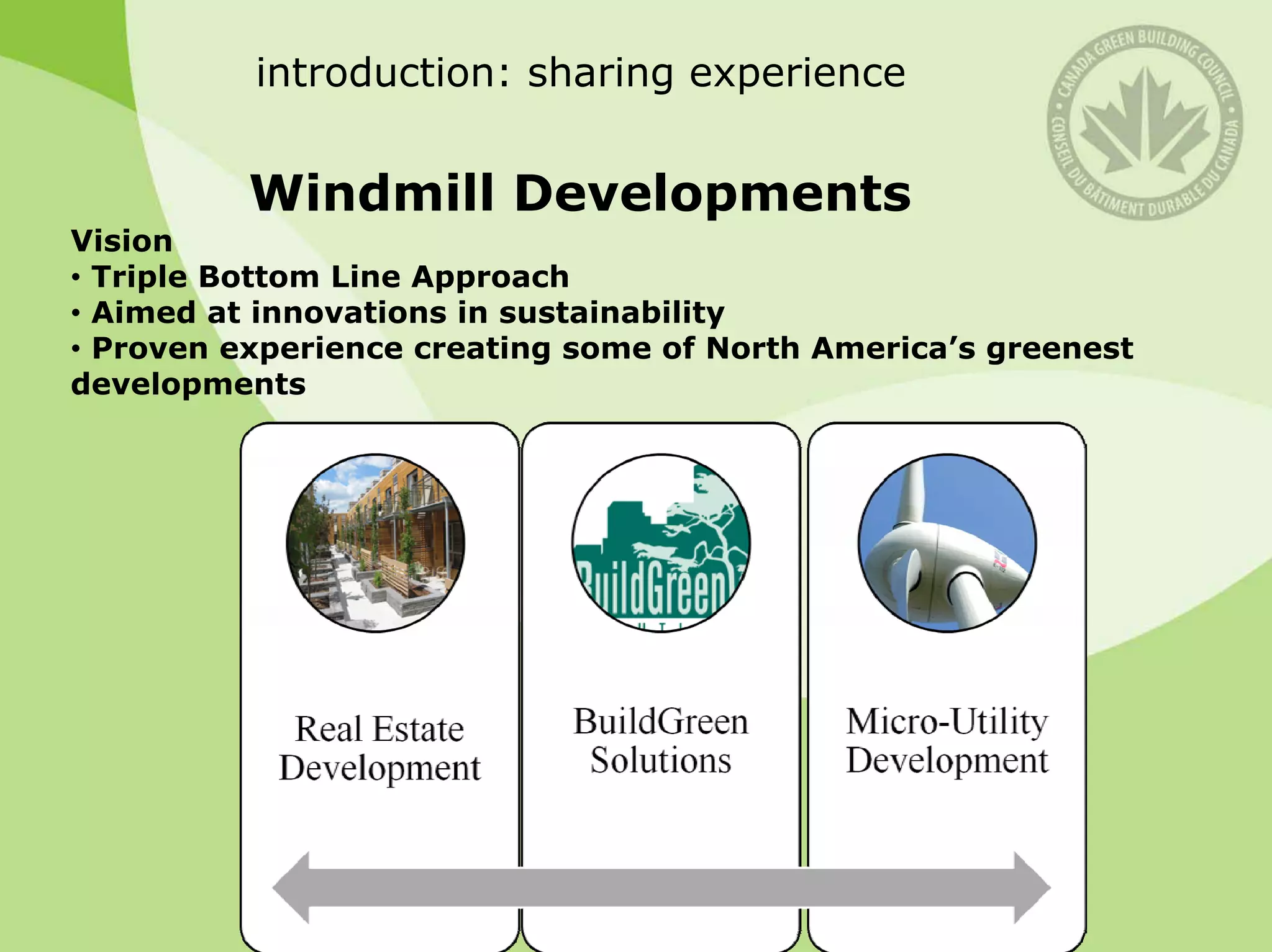 introduction: sharing experience


          Windmill Developments
Vision
• Triple Bottom Line Approach
• Aimed at innovations in sustainability
• Proven experience creating some of North America’s greenest
developments
 