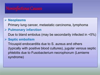 NoninfectiousCauses
 Neoplasms
Primary lung cancer, metastatic carcinoma, lymphoma
 Pulmonary infarction
Due to bland embolus (may be secondarily infected in <5%)
 Septic embolism
Tricuspid endocarditis due to S. aureus and others
(typically with positive blood cultures), jugular venous septic
phlebitis due to Fusobacterium necrophorum (Lemierre
syndrome)
 