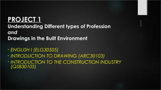PROJECT 1
Understanding Different types of Profession
and
Drawings in the Built Environment
• ENGLISH I (ELG30505)
• INTRODUCTION TO DRAWING (ARC30103)
• INTRODUCTION TO THE CONSTRUCTION INDUSTRY
(QSB30105)
 