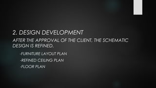2. DESIGN DEVELOPMENT
AFTER THE APPROVAL OF THE CLIENT, THE SCHEMATIC
DESIGN IS REFINED.
-FURNITURE LAYOUT PLAN
-REFINED CEILING PLAN
-FLOOR PLAN
 
