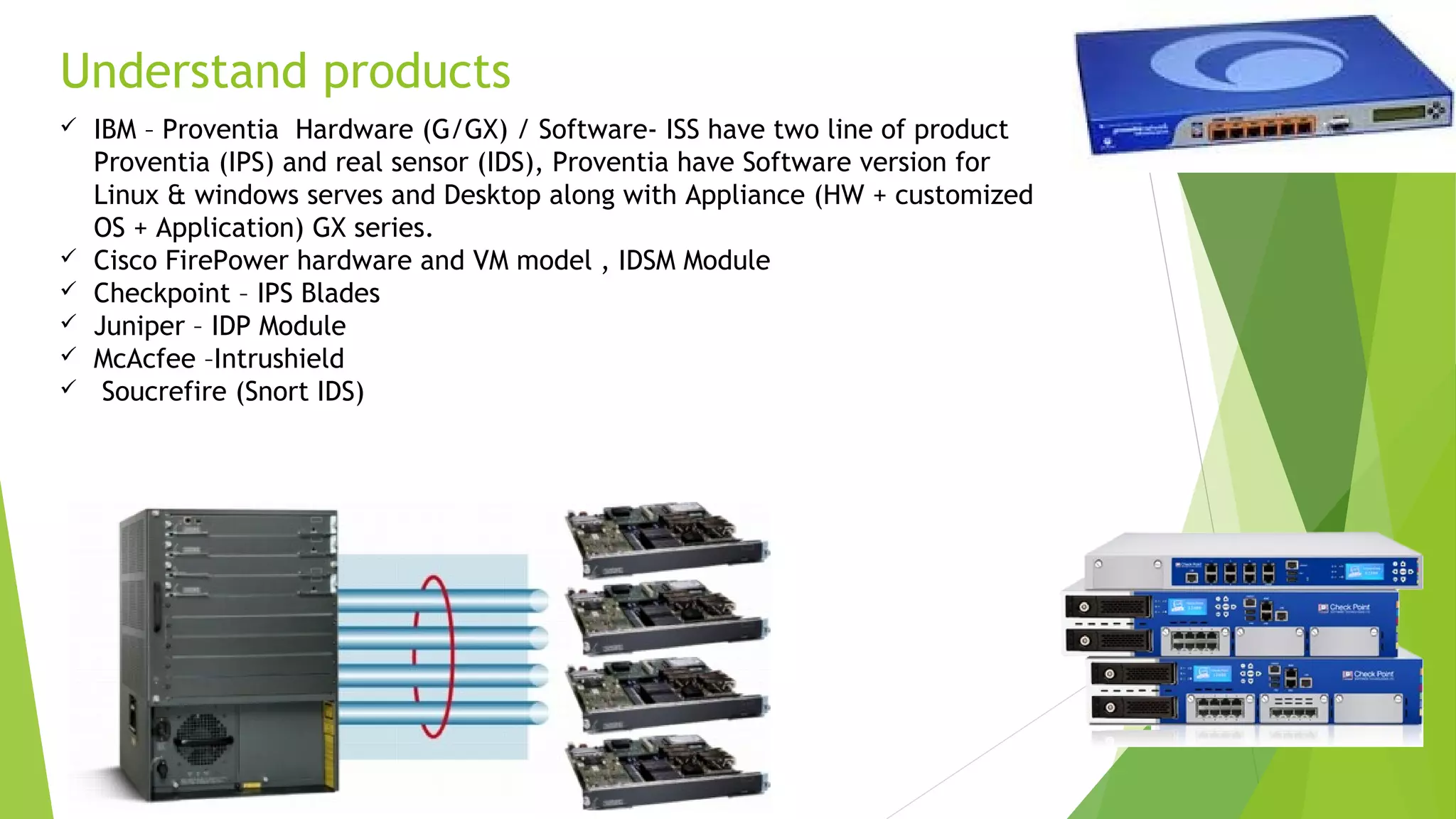 Understand products
 IBM – Proventia Hardware (G/GX) / Software- ISS have two line of product
Proventia (IPS) and real sensor (IDS), Proventia have Software version for
Linux & windows serves and Desktop along with Appliance (HW + customized
OS + Application) GX series.
 Cisco FirePower hardware and VM model , IDSM Module
 Checkpoint – IPS Blades
 Juniper – IDP Module
 McAcfee –Intrushield
 Soucrefire (Snort IDS)
 