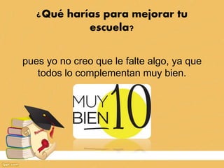 ¿Qué harías para mejorar tu
escuela?
pues yo no creo que le falte algo, ya que
todos lo complementan muy bien.
