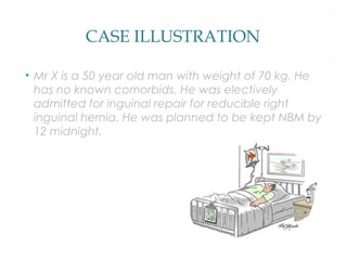 CASE ILLUSTRATION
• Mr X is a 50 year old man with weight of 70 kg. He
has no known comorbids. He was electively
admitted for inguinal repair for reducible right
inguinal hernia. He was planned to be kept NBM by
12 midnight.
 