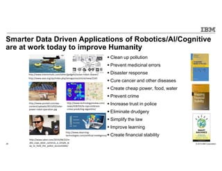 © 2015 IBM Corporation28
Smarter Data Driven Applications of Robotics/AI/Cognitive
are at work today to improve Humanity
Clean up pollution
Prevent medicinal errors
Disaster response
Cure cancer and other diseases
Create cheap power, food, water
Prevent crime
Increase trust in police
Eliminate drudgery
Simplify the law
Improve learning
Create financial stability
http://www.interiorholic.com/other/gadgets/ocean-robot-cleaner/
http://www.aaai.org/ojs/index.php/aimagazine/article/view/2345
http://www.pouted.com/wp-
content/uploads/2013/02/solar-
power-robot-operation.jpg
http://www.technologyreview.com/
news/428354/la-cops-embrace-
crime-predicting-algorithm/
http://www.salon.com/2014/08/22/m
ake_cops_wear_cameras_a_simple_w
ay_to_hold_the_police_accountable/
http://www.elearning-
technologies.com/artificial-intelligence/
 