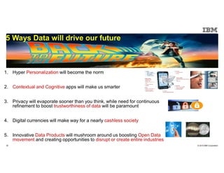 © 2015 IBM Corporation32
5 Ways Data will drive our future
1. Hyper Personalization will become the norm
2. Contextual and Cognitive apps will make us smarter
3. Privacy will evaporate sooner than you think, while need for continuous
refinement to boost trustworthiness of data will be paramount
4. Digital currencies will make way for a nearly cashless society
5. Innovative Data Products will mushroom around us boosting Open Data
movement and creating opportunities to disrupt or create entire industries
 