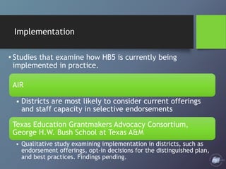 Implementation
• Studies that examine how HB5 is currently being
implemented in practice.
AIR
• Districts are most likely ...