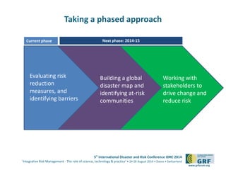 5th
International Disaster and Risk Conference IDRC 2014
‘Integrative Risk Management - The role of science, technology & practice‘ • 24-28 August 2014 • Davos • Switzerland
www.grforum.org
Taking a phased approach
Evaluating risk
reduction
measures, and
identifying barriers
Building a global
disaster map and
identifying at-risk
communities
Working with
stakeholders to
drive change and
reduce risk
Current phase Next phase: 2014-15
 