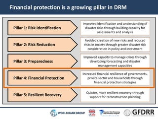 Financial protection is a growing pillar in DRM 
Pillar 1: Risk Identification 
Pillar 2: Risk Reduction 
Pillar 3: Preparedness 
Pillar 4: Financial Protection 
Pillar 5: Resilient Recovery 
Improved identification and understanding of 
disaster risks through building capacity for 
assessments and analysis 
Avoided creation of new risks and reduced 
risks in society through greater disaster risk 
consideration in policy and investment 
Improved capacity to manage crises through 
developing forecasting and disaster 
management capacities 
Increased financial resilience of governments, 
private sector and households through 
financial protection strategies 
Quicker, more resilient recovery through 
support for reconstruction planning 
 