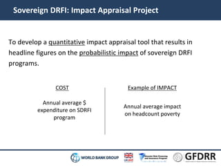 Sovereign DRFI: Impact Appraisal Project 
To develop a quantitative impact appraisal tool that results in 
headline figures on the probabilistic impact of sovereign DRFI 
programs. 
COST Example of IMPACT 
Annual average $ 
expenditure on SDRFI 
program 
Annual average impact 
on headcount poverty 
 