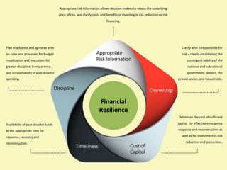 Financial 
Resilience 
Plan in advance and agree ex ante 
on rules and processes for budget 
mobilization and execution, for 
greater discipline, transparency, 
and accountability in post-disaster 
spending. 
Availability of post-disaster funds 
at the appropriate time for 
response, recovery and 
reconstruction. 
Clarify who is responsible for 
risk – clearly establishing the 
contingent liability of the 
national and subnational 
government, donors, the 
private sector, and households. 
Minimize the cost of sufficient 
capital for effective emergency 
response and reconstruction as 
well as for investment in risk 
reduction and prevention. 
Appropriate risk information allows decision makers to assess the underlying 
price of risk, and clarify costs and benefits of investing in risk reduction or risk 
financing. 
 