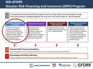 WB-GFDRR 
Disaster Risk Financing and Insurance (DRFI) Program 
Sovereign Disaster Risk 
Financing 
Agricultural Insurance Property Catastrophe 
Disaster Risk Financing Analytics 
Risk Insurance 
Disaster-linked Social 
Protection 
Increase the financial 
response capacity of 
national and subnational 
governments to meet post-disaster 
funding needs 
without compromising their 
fiscal balances and 
development objectives 
Protect agricultural 
producers through 
agricultural insurance to 
reduce the impact of 
disaster shocks, safeguard 
livelihoods and increase 
agricultural productivity. 
Protect homeowners and 
SMEs against losses arising 
from property damage 
Protect the poorest and 
most vulnerable through 
Social Protection programs 
with ex-ante financed 
mechanisms that scale up 
assistance to beneficiaries 
immediately following 
disaster shocks. 
Empowering governments to take informed decisions on the financial management of natural disasters 
Financial 
Protection 
Increasing the financial resilience of governments, private sector and households through 
financial protection strategies against the economic and fiscal impact of natural hazards 
PILLAR 3 PILLAR 4 PILLAR 5 
CROSS 
CUTTING 
Knowledge and Policy Advising 
EVIDENCE 
BASE 
Support stakeholders with information which will lead to and inform actions in support of building financial resilience 
 
