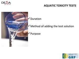 AQUATIC TOXICITY TESTS Duration Method of adding the test solution Purpose  