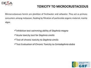 Microcrustaceuos herein are plankton of freshwater and saltwater. They act as primary consumers among metazoan, feeding by filtration of particulate organic material, mainly algae. Inhibition test swimming ability of  Daphnia magna Acute toxicity test for  Daphnia similis Test of chronic toxicity to  Daphnia similis Test Evaluation of Chronic Toxicity to  Ceriodaphnia dubia TOXICITY TO MICROCRUSTACEOUS 