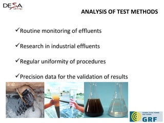 ANALYSIS OF TEST METHODS Routine monitoring of effluents Research in industrial effluents Regular uniformity of procedures Precision data for the validation of results 