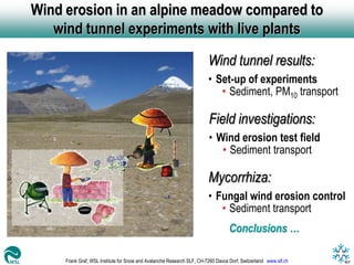 Wind erosion in an alpine meadow compared to
   wind tunnel experiments with live plants
                                                                        Wind tunnel results:
                                                                        • Set-up of experiments
                                                                           • Sediment, PM10 transport

                                                                        Field investigations:
                                                                        • Wind erosion test field
                                                                           • Sediment transport

                                                                        Mycorrhiza:
                                                                        • Fungal wind erosion control
                                                                           • Sediment transport
                                                                                  Conclusions …

     Frank Graf, WSL Institute for Snow and Avalanche Research SLF, CH-7260 Davos Dorf, Switzerland www.slf.ch
 