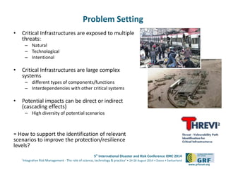 5th
International Disaster and Risk Conference IDRC 2014
‘Integrative Risk Management - The role of science, technology & practice‘ • 24-28 August 2014 • Davos • Switzerland
www.grforum.org
Problem Setting
• Critical Infrastructures are exposed to multiple
threats:
– Natural
– Technological
– Intentional
• Critical Infrastructures are large complex
systems
– different types of components/functions
– Interdependencies with other critical systems
• Potential impacts can be direct or indirect
(cascading effects)
– High diversity of potential scenarios
= How to support the identification of relevant
scenarios to improve the protection/resilience
levels?
 