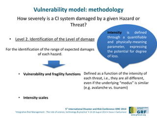 5th
International Disaster and Risk Conference IDRC 2014
‘Integrative Risk Management - The role of science, technology & practice‘ • 24-28 August 2014 • Davos • Switzerland
www.grforum.org
Vulnerability model: methodology
How severely is a CI system damaged by a given Hazard or
Threat?
• Level 2. Identification of the Level of damage
• Vulnerability and fragility functions
• Intensity scales
For the identification of the range of expected damages
of each hazard.
Defined as a function of the intensity of
each threat, i.e., they are all different,
even if the underlying “modus” is similar
(e.g. avalanche vs. tsunami)
Intensity is defined
through a quantifiable
and physically-meaning
parameter, expressing
the potential for degree
of loss.
 