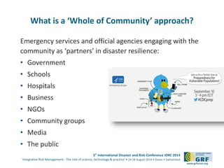 5th
International Disaster and Risk Conference IDRC 2014
‘Integrative Risk Management - The role of science, technology & practice‘ • 24-28 August 2014 • Davos • Switzerland
www.grforum.org
Emergency services and official agencies engaging with the
community as ‘partners’ in disaster resilience:
• Government
• Schools
• Hospitals
• Business
• NGOs
• Community groups
• Media
• The public
What is a ‘Whole of Community’ approach?
 