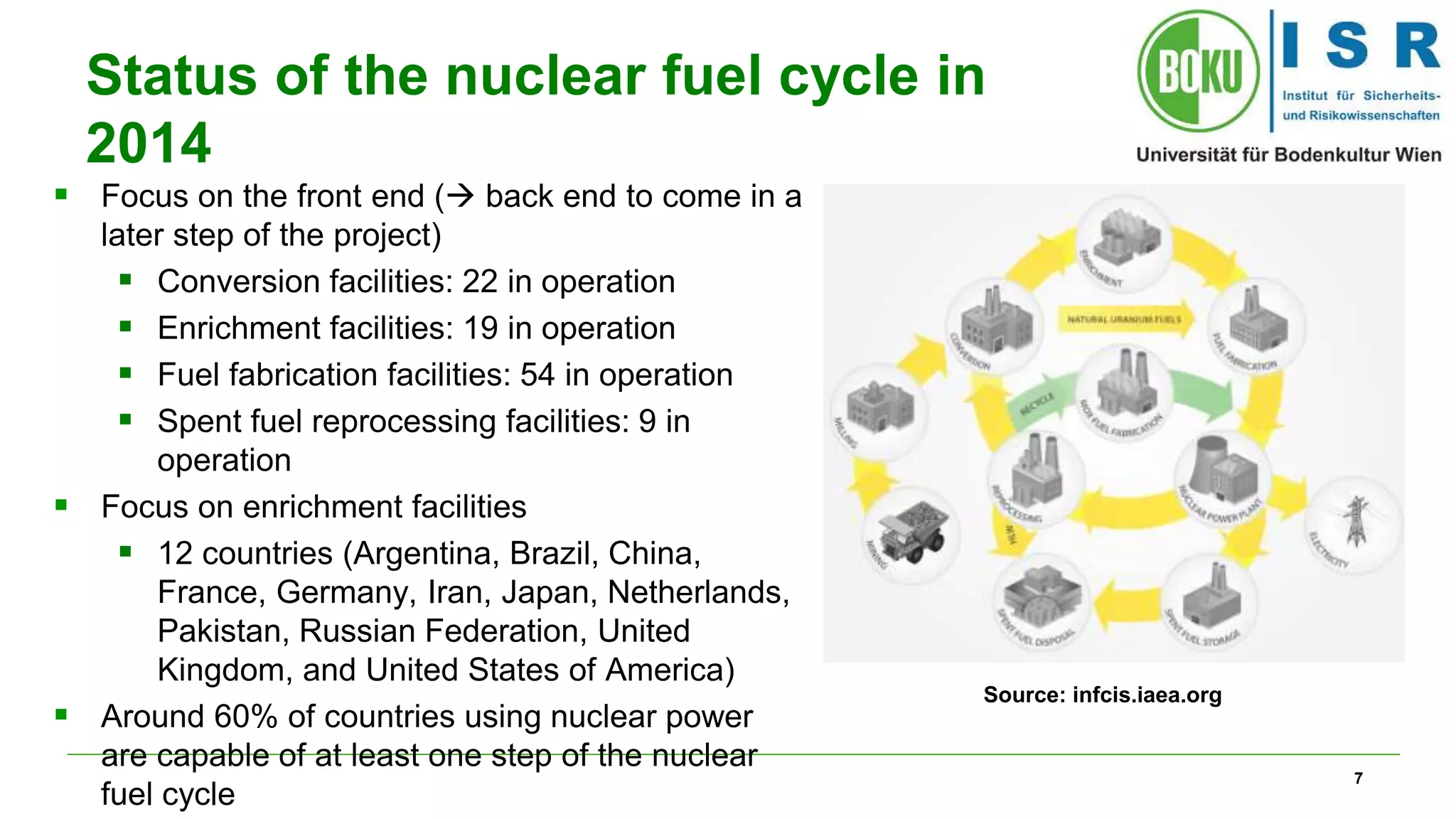 7
Status of the nuclear fuel cycle in
2014
 Focus on the front end ( back end to come in a
later step of the project)
 Conversion facilities: 22 in operation
 Enrichment facilities: 19 in operation
 Fuel fabrication facilities: 54 in operation
 Spent fuel reprocessing facilities: 9 in
operation
 Focus on enrichment facilities
 12 countries (Argentina, Brazil, China,
France, Germany, Iran, Japan, Netherlands,
Pakistan, Russian Federation, United
Kingdom, and United States of America)
 Around 60% of countries using nuclear power
are capable of at least one step of the nuclear
fuel cycle
Source: infcis.iaea.org
 