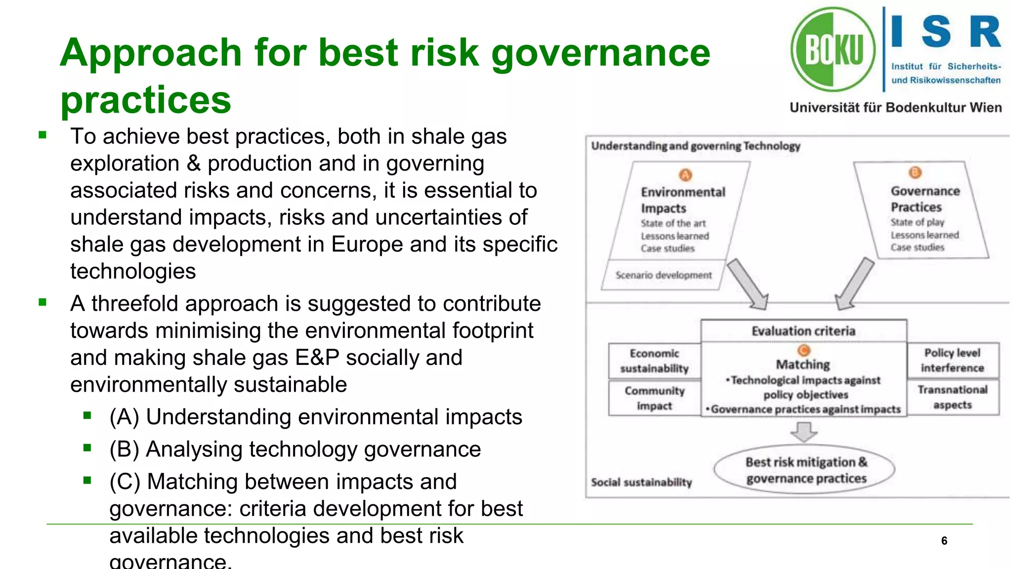 6 
Approach for best risk governance 
practices 
 To achieve best practices, both in shale gas 
exploration & production and in governing 
associated risks and concerns, it is essential to 
understand impacts, risks and uncertainties of 
shale gas development in Europe and its specific 
technologies 
 A threefold approach is suggested to contribute 
towards minimising the environmental footprint 
and making shale gas E&P socially and 
environmentally sustainable 
 (A) Understanding environmental impacts 
 (B) Analysing technology governance 
 (C) Matching between impacts and 
governance: criteria development for best 
available technologies and best risk 
governance. 
 