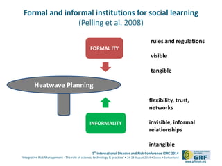 Formal and informal institutions for social learning 
FORMAL ITY 
5th International Disaster and Risk Conference IDRC 2014 
‘Integrative Risk Management - The role of science, technology & practice‘ • 24-28 August 2014 • Davos • Switzerland 
www.grforum.org 
Heatwave Planning 
INFORMALITY 
rules and regulations 
visible 
tangible 
flexibility, trust, 
networks 
invisible, informal 
relationships 
intangible 
(Pelling et al. 2008) 
 