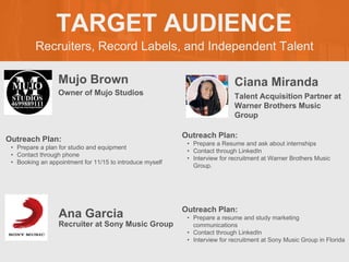 Recruiters, Record Labels, and Independent Talent
TARGET AUDIENCE
Outreach Plan:
• Prepare a plan for studio and equipment
• Contact through phone
• Booking an appointment for 11/15 to introduce myself
Owner of Mujo Studios
Ciana Miranda
Outreach Plan:
• Prepare a Resume and ask about internships
• Contact through LinkedIn
• Interview for recruitment at Warner Brothers Music
Group.
Talent Acquisition Partner at
Warner Brothers Music
Group
Ana Garcia Outreach Plan:
• Prepare a resume and study marketing
communications
• Contact through LinkedIn
• Interview for recruitment at Sony Music Group in Florida
Recruiter at Sony Music Group
Mujo Brown
 