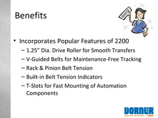 Benefits
• Incorporates Popular Features of 2200
– 1.25” Dia. Drive Roller for Smooth Transfers
– V-Guided Belts for Maintenance-Free Tracking
– Rack & Pinion Belt Tension
– Built-in Belt Tension Indicators
– T-Slots for Fast Mounting of Automation
Components
 