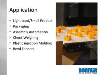 Application
• Light Load/Small Product
• Packaging
• Assembly Automation
• Check Weighing
• Plastic injection Molding
• Bowl Feeders
 