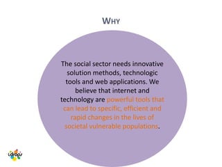 WHY
The social sector needs innovative
solution methods, technologic
tools and web applications. We
believe that internet and
technology are powerful tools that
can lead to specific, efficient and
rapid changes in the lives of
societal vulnerable populations.
 