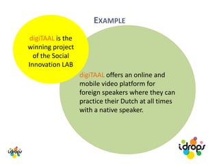 EXAMPLE
digiTAAL offers an online and
mobile video platform for
foreign speakers where they can
practice their Dutch at all times
with a native speaker.
digiTAAL is the
winning project
of the Social
Innovation LAB
 
