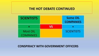 THE HOT DEBATE CONTINUED
SCIENTISTS Some OIL
COMPANIES
+ VS +
Most OIL
COMPANIES
SCIENTISTS
CONSPIRACY WITH GOVERNMENT OFF...
