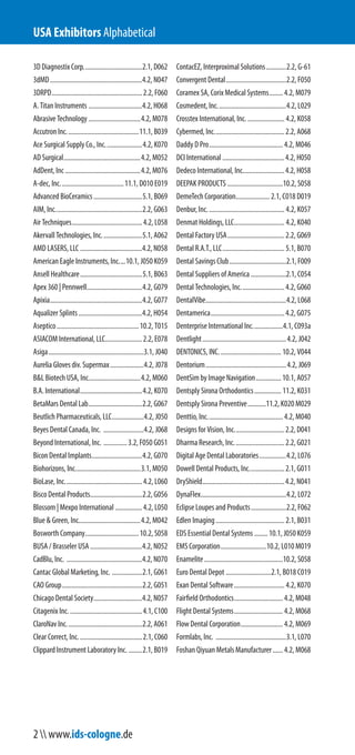 3D Diagnostix Corp...................................2.1, D062
3dMD.......................................................4.2, N047
3DRPD......................................................2.2, F060
A. Titan Instruments ................................4.2, H068
Abrasive Technology ...............................4.2, M078
Accutron Inc...........................................11.1, B039
Ace Surgical Supply Co., Inc......................4.2, K070
AD Surgical..............................................4.2, M052
AdDent, Inc.............................................4.2, M076
A-dec, Inc......................................11.1, D010 E019
Advanced BioCeramics.............................5.1, B069
AIM, Inc....................................................2.2, G063
Air Techniques..........................................4.2, L058
Akervall Technologies, Inc........................5.1, A062
AMD LASERS, LLC .....................................4.2, N058
American Eagle Instruments, Inc....10.1, J050 K059
Ansell Healthcare.....................................5.1, B063
Apex 360 | Pennwell.................................4.2, G079
Apixia.......................................................4.2, G077
Aqualizer Splints......................................4.2, H054
Aseptico.................................................10.2, T015
ASIACOM International, LLC......................2.2, E078
Asiga.........................................................3.1, J040
Aurelia Gloves div. Supermax....................4.2, J078
B&L Biotech USA, Inc...............................4.2, M060
B.A. International.....................................4.2, K070
BetaMars Dental Lab................................2.2, G067
Beutlich Pharmaceuticals, LLC...................4.2, J050
Beyes Dental Canada, Inc. ........................4.2, J068
Beyond International, Inc. ..............3.2, F050 G051
Bicon Dental Implants..............................4.2, G070
Biohorizons, Inc.......................................3.1, M050
BioLase, Inc..............................................4.2, L060
Bisco Dental Products...............................2.2, G056
Blossom | Mexpo International ................4.2, L050
Blue & Green, Inc.....................................4.2, M042
Bosworth Company................................10.2, S058
BUSA / Brasseler USA...............................4.2, N052
CadBlu, Inc. .............................................4.2, N070
Cantac Global Marketing, Inc. ..................2.1, G061
CAO Group................................................2.2, G051
Chicago Dental Society.............................4.2, N057
Citagenix Inc. ...........................................4.1, C100
ClaroNav Inc.............................................2.2, A061
Clear Correct, Inc. .....................................2.1, C060
Clippard Instrument Laboratory Inc. ........2.1, B019
ContacEZ, Interproximal Solutions............2.2, G-61
Convergent Dental....................................2.2, F050
Coramex SA, Corix Medical Systems........ 4.2, M079
Cosmedent, Inc.........................................4.2, L029
Crosstex International, Inc. ...................... 4.2, K058
Cybermed, Inc..........................................2.2, A068
Daddy D Pro............................................ 4.2, M046
DCI International .....................................4.2, H050
Dedeco International, Inc.........................4.2, H058
DEEPAK PRODUCTS .................................10.2, S058
DemeTech Corporation.................... 2.1, C018 D019
Denbur, Inc.............................................. 4.2, K057
Denmat Holdings, LLC.............................. 4.2, K040
Dental Factory USA..................................2.2, G069
Dental R.A.T., LLC..................................... 5.1, B070
Dental Savings Club..................................2.1, F009
Dental Suppliers of America .....................2.1, C054
Dental Technologies, Inc..........................4.2, G060
DentalVibe................................................4.2, L068
Dentamerica............................................4.2, G075
Denterprise International Inc..................4.1, C093a
Dentlight..................................................4.2, J042
DENTONICS, INC..................................... 10.2, V044
Dentorium................................................4.2, J069
DentSim by Image Navigation...............10.1, A057
Dentsply Sirona Orthodontics................ 11.2, K031
Dentsply Sirona Preventive...........11.2, K020 M029
Denttio, Inc............................................. 4.2, M040
Designs for Vision, Inc..............................2.2, D041
Dharma Research, Inc..............................2.2, G021
Digital Age Dental Laboratories................4.2, L076
Dowell Dental Products, Inc.....................2.1, G011
DryShield.................................................4.2, N041
DynaFlex...................................................4.2, L072
Eclipse Loupes and Products.....................2.2, F062
Edlen Imaging......................................... 2.1, B031
EDS Essential Dental Systems ........10.1, J050 K059
EMS Corporation...........................10.2, L010 M019
Enamelite...............................................10.2, S058
Euro Dental Depot ...........................2.1, B018 C019
Exan Dental Software.............................. 4.2, K070
Fairfield Orthodontics............................. 4.2, M048
Flight Dental Systems............................. 4.2, M068
Flow Dental Corporation......................... 4.2, M069
Formlabs, Inc. ..........................................3.1, L070
Foshan Qiyuan Metals Manufacturer...... 4.2, M068
USA Exhibitors Alphabetical
2  www.ids-cologne.de
 