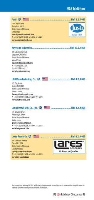 Justi ............................................................ Hall 4.2, G081
1200 Stellar Drive
Oxnard, CA 93033
United States of America
Emilio Pozzi
epozzi@americantooth.com
P. +1 (805) 487-9868 F. +1 (805) 483-8482
www.americantooth.com
Keystone Industries ..............................................Hall 10.2, S058
480 S. Democrat Road
Gibbstown, NJ 08027
United States of America
Miguel Perez
mperez@keystoneind.com
P. +1 (800) 333-3131
F. +49 77 31 91 21 02
www.keystoneind.com
L&R Manufacturing, Co. ............................... Hall 4.2, K050
577 Elm Street
Kearny, NJ 07032
United States of America
Robert Lazarus
rlazarus@lrultrasonics.com
P. +1 (201) 991-5330 F. +1 (201) 991-5870
www.lrultrasonics.com
Lang Dental Mfg. Co., Inc. ............................. Hall 4.2, K068
175 Messner Drive
Wheeling, IL 60090
United States of America
Gladys Ferrer
gferrer@langdental.com
P. +1 (847) 215-6622 F. +1 (847) 215-6678
www.langdental.com
Lares Research ............................................Hall 4.2, H069
295 Lockheed Avenue
Chico, CA 95973
United States of America
Christian Godoy
cgodoy@laresdental.com
P. +1 (530) 717-3145 F. +1 (530) 345-1870
www.laresdental.com
USA Exhibitors
Data current as of February 28, 2017. While every effort is made to ensure the accuracy of data within this publication, the
publisher cannot be held responsible for errors or omissions.
IDS USA Exhibitor Directory // 49
 