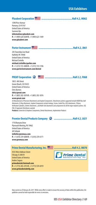 Plasdent Corporation ............................................Hall 4.2, M062
1290 Price Avenue
Pomona, CA 91767
United States of America
Summer Qin
information@plasdent.com
P. +1 (909) 620-0289 F. +1 (909) 623-1449
www.plasdent.com
Porter Instrument .................................................Hall 4.2, J061
245 Township Line Road
Hatfield, PA 19440
United States of America
Michael Civitello
michael.civitello@parker.com
P. +1 (215) 723-4000 F. +1 (215) 723-5106
www.porterinstrument.com/dental
PREAT Corporation ........................................Hall 2.2, F068
100 S. 4th Street
Grover Beach, CA 93433
United States of America
Chris Bormes
chris@preat.com
P. +1 (805) 202-3070 F. +1 (805) 202-3076
www.preat.com
USManufacturerofPrecisionAttachmentsandImplantComponents.AttachmentsystemssupportedincludeHADERBar,Ball
Abutments,O-RingAbutments.ImplantComponentsincludeAnalogs,Screws,GuidePins,UCLAabutments,TiBases,
VerificationCylinders,EstheticAbutments,andMulti-Unitabutmentsandcomponentsforallthemajorimplantsystems.ISO,
FDA,CEapproved.Distributorswanted.
Products:Connectors&ImplantsComponents,DentalAttachments,ImplantationProducts
Premier Dental Products Company ...........................Hall 4.2, L021
1710 Romano Drive
Plymouth Meeting, PA 19462
United States of America
Jill Schlank
intlinfo@premusa.com
P. +1 (610) 239-6000 F. +1 (610) 239-6171
www.premusa.com
Prime Dental Manufacturing, Inc. ..........................Hall 4.2, M070
4555 West Addison Street
Chicago, IL 60618
United States of America
Andres Segura
primedental@hotmail.com
P. +1 (773) 283-2914 F. +1 (773) 539-6919
www.primedentalmfg.com
USA Exhibitors
Data current as of February 28, 2017. While every effort is made to ensure the accuracy of data within this publication, the
publisher cannot be held responsible for errors or omissions.
IDS USA Exhibitor Directory // 69
 