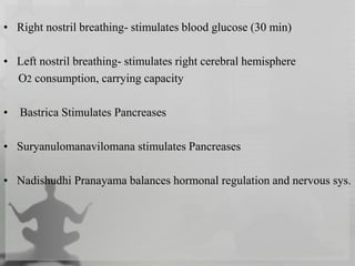 • Right nostril breathing- stimulates blood glucose (30 min)
• Left nostril breathing- stimulates right cerebral hemisphere
O2 consumption, carrying capacity
• Bastrica Stimulates Pancreases
• Suryanulomanavilomana stimulates Pancreases
• Nadishudhi Pranayama balances hormonal regulation and nervous sys.
 
