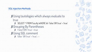 SQL Injection Methods
✘Using tautologies which always evaluate to
true
✘ SELECT * FROM Faculty WHERE Id=' false' OR 'true' = 'true'
✘Grouping By Parentheses
✘ False’) OR ( ‘true’ = true
✘Using SQL comment
✘ false ‘ OR ‘true’ = ‘true’; --
 