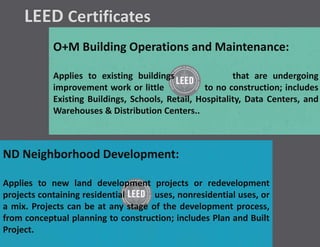 O+M Building Operations and Maintenance:
Applies to existing buildings that are undergoing
improvement work or little to no construction; includes
Existing Buildings, Schools, Retail, Hospitality, Data Centers, and
Warehouses & Distribution Centers..
ND Neighborhood Development:
Applies to new land development projects or redevelopment
projects containing residential uses, nonresidential uses, or
a mix. Projects can be at any stage of the development process,
from conceptual planning to construction; includes Plan and Built
Project.
 