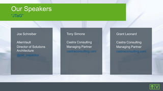 “JTaG”
Our Speakers
Joe Schreiber
AlienVault
Director of Solutions
Architecture
@pkt_inspector
Tony Simone
Castra Consulting
Managing Partner
castraconsulting.com
Grant Leonard
Castra Consulting
Managing Partner
castraconsulting.com
 