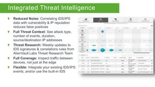 Integrated Threat Intelligence
Reduced Noise: Correlating IDS/IPS
data with vulnerability & IP reputation
reduces false positives
Full Threat Context: See attack type,
number of events, duration,
source/destination IP addresses
Threat Research: Weekly updates to
IDS signatures & correlations rules from
AlienVault Labs Threat Research Team
Full Coverage: Inspect traffic between
devices, not just at the edge
Flexible: Integrate your existing IDS/IPS
events, and/or use the built-in IDS
 