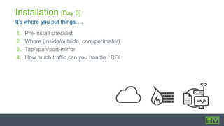 It’s where you put things….
Installation [Day 0]
1. Pre-install checklist
2. Where (inside/outside, core/perimeter)
3. Tap/span/port-mirror
4. How much traffic can you handle / ROI
 
