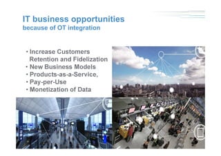 IT business opportunities
because of OT integration
• Increase Customers
Retention and Fidelization
• New Business Models
• Products-as-a-Service,
• Pay-per-Use
• Monetization of Data
 